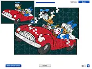 Screenshot of the Duck and Daisy Car Puzzle game showing jumbled pieces of a colorful cartoon jigsaw in need of assembly