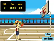 One Piece Basketball free online game featuring Monkey D. Luffy shooting a hoop on PlayArcadeHub