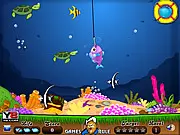 Underwater Fishing game screenshot showing a hook descending into the ocean to catch brightly colored fish