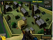 The first-person view of the Deadly Sniper II game, looking through a rifle scope at an enemy-occupied street in a city resembling Moscow.