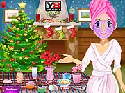 Play Christmas Sara Makeover free game, dressing Sara in a festive holiday dress with a Christmas tree in the background.