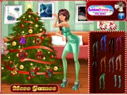 Screenshot of Jingle Belts Christmas Fashion online game showing a stylish woman dressed in a holiday outfit with a glittering belt accessory