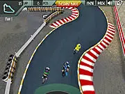 Gameplay screenshot of Superbike Extreme showing three superbikes tightly grouped on a sharp curve on a race track, with two of the riders aggressively jockeying for position.
