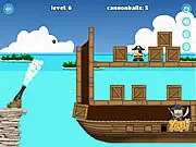 A large naval cannon aimed at the shore, where pirate ships and wooden structures are collapsing from explosive cannonball blasts in the online physics shooter game Coastal Cannon