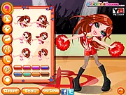 Bratz Cheerleader Dress Up game showing the Bratz doll model posing in a vibrant cheerleading uniform, accessories, and pom-poms, free online game