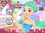 The Ever After High Ashlynn Ella Face Spa game interface showing the princess getting a facial treatment in a beauty salon.