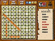 The Animal Word Search game grid showing a hidden word found, with letters scattered in rows and columns.