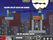 Balloons Vs Zombies free online physics shooter game featuring a cannon firing balloons and knives at blocky zombies.