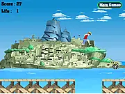 The game screenshot of One Piece Run, showing Monkey D. Luffy running and jumping over a large, deep groove on a dangerous path.