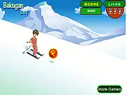 Screenshot of the Bakugan Ski Down game, showing a Bakugan character on skis navigating a snowy slope filled with stars and large rocks.