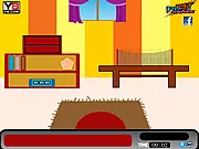 Screenshot of a dimly lit room in a point-and-click escape game, showing a desk with a lamp, a locked door, and an empty space for inventory items in the Escape The House game.