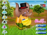 Screenshot of the Cute Pink Elephant Dress Up game, showing a cheerful pink elephant standing in the center with various clothing and accessory options displayed around the screen.