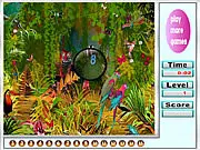 Big Jungle Hidden Numbers online game screenshot showing a colorful, dense jungle scene with a few hidden numbers circled.