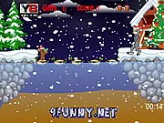 Tom and Jerry Christmas Gifts game screen, Tom and Jerry delivering presents in a snowy holiday setting, platformer game