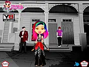Screenshot of Emo Bride Dress Up game showing a character model in alternative bridal fashion, with various clothing and accessory options.
