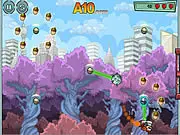 Screenshot of Rocket Squirrel free online game, showing a small squirrel character piloting a rocket machine flying upwards through the sky near stars