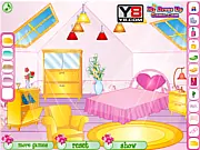Screenshot of Roof Room Decoration free game, showing a customizable attic room with sloped ceilings and modern furniture.