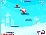 Screenshot of the Jump Santa Jump free online game showing Santa Claus jumping between two snowy, floating platforms to collect a Christmas gift
