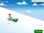 Screenshot of Ben 10 Snow Sled free online racing game, showing Ben Tennyson on a sled going down a snowy slope.