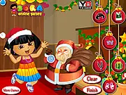 The main screenshot of the Dora with Santa Dressup game showing Dora posing in a beautiful Christmas-themed outfit, ready to play online