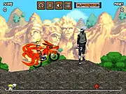 The main screenshot of the Naruto Bike Mission game showing Naruto on his motorcycle, using his chakra power to balance on a narrow, dangerous road with a scroll.