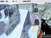 Screenshot of the Counter Strike: De Frostbound Practice free online game showing a first-person view of a pistol in a snowy map environment