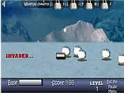XMas Penguin Killer action game screenshot showing Santa's weapons firing on attacking penguins