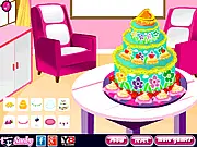 A brightly decorated virtual summer cake covered in fresh fruit, colorful sprinkles, and cream, designed in the Summer Cake Decorating game.
