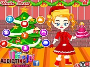 Angela Christmas Dressup game showing a girl model in a beautiful festive holiday outfit with a red dress and winter accessories