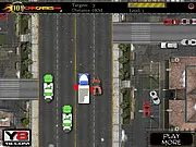 Highway Predator Winter Race game screen showing a high-speed chase on a snowy highway with cars colliding, free online car racing game