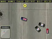 Screenshot of Package Pileferer online game, showing a blue Mini Cooper driving away from police cars on a city map with packages highlighted in green