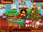 Doli Christmas Time game screenshot showing four animated girls preparing their decorated house for Santa Claus, free online dress up and decor game