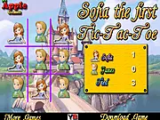 Screenshot of Sofia the First Tic-Tac-Toe game showing the 3x3 grid with X and O pieces featuring Princess Sofia and Prince James. Play free online puzzle game.