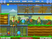 Tricky Rick game screen showing the astronaut character using a tool near obstacles on an alien planet, free online puzzle adventure game