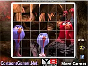 Free Birds Spin Puzzle online game with Jake, Reggie, and Jenny characters, rotating square picture tiles to fix the image