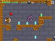 Screenshot of Robo Raven game showing the robot main character Raven jumping across platforms in a side-scrolling market level. Play free platformer online.