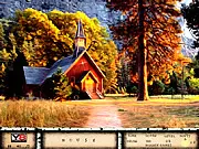 Screenshot of Back in the Woods game showing a detailed forest scene with a magnifying glass hovering over a subtly hidden letter. Play free hidden object game online.