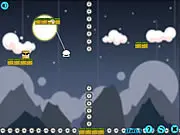 Mochi Ninja game screenshot showing the ninja character swinging from a platform using a grapple hook to attack a red block enemy