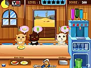 Screenshot of the Suzi Saloon time management game showing Suzi serving drinks to three demanding customers in a crowded Wild West bar.