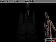 Screenshot of Zombie Hallway Survival game showing a dark corridor with a player aiming a pistol at an approaching zombie horde.