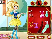 Screenshot of Apple White Dress Up game, showing the Ever After High character Apple White trying on various princess gowns and royal accessories.