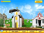 Magic Driver: Cemetery Race free online game showing a colorful car driving and jumping over a gap in a spooky cemetery setting