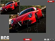 Alfa Romeo Jigsaw game screen showing a partially completed puzzle image of a red Alfa Romeo race car, play free online puzzle game
