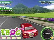Ebog Race free online game screenshot showing a red Ferrari sports car racing at high speed on a curved track