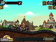 Screenshot of Toon Rally 2 bike race game with cartoon characters racing on a colorful track