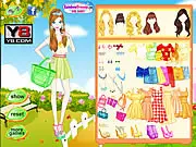 Foliage Fashion game screen showing a stylish girl model wearing an autumn-themed outfit with colorful leaves in the background, play free online dress up game