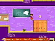 Screenshot of Dora School Adventure game showing Dora the Explorer jumping over a hazard in a cartoon-style school hallway. Play free online platform game.