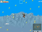 Screenshot of Naruto Big Jump game showing Naruto the ninja leaping into the sky, utilizing Kyubi Mode to avoid enemy clones.