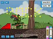 Toy Monster Trip game screenshot showing a miniature red monster truck driving over a large toy building block in a home yard environment. Play free online monster truck game on PlayArcadeHub.