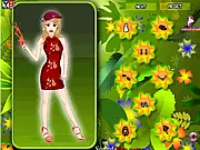 Flower Garden Dress Up game screen showing a character wearing a floral-themed gown surrounded by flowers, play free online styling game